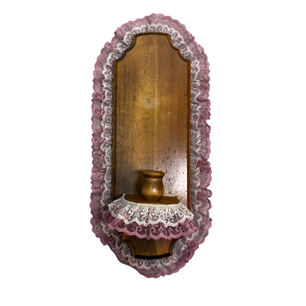 Vintage Handmade Wood Wall Sconce Pink White Ruffled Lace Candle Holder 15x5